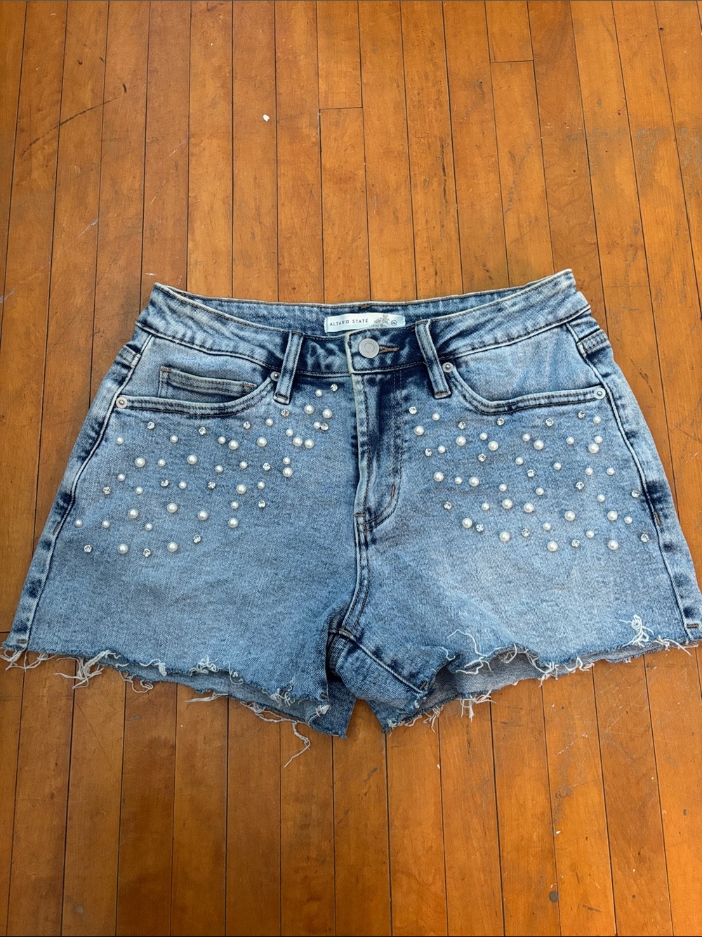 Altar'd State Light Blue Pearl-Studded Denim Shorts